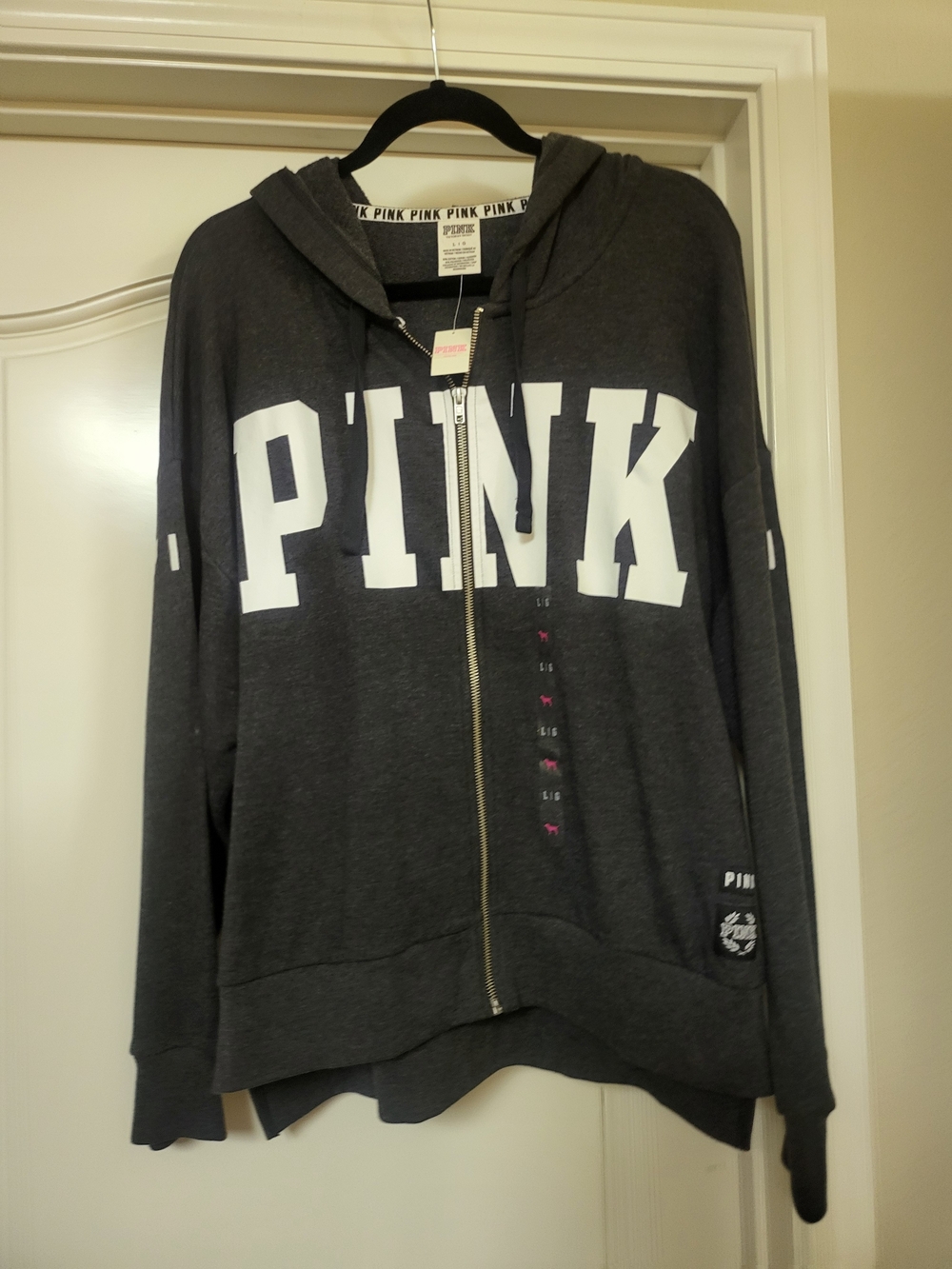 PINK Charcoal Gray Hoodie with White Lettering Size Large NEW NWT